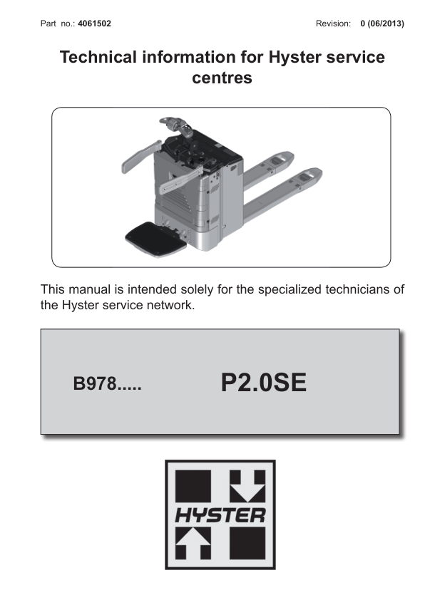 Hyster P2.0SE Pallet Truck B978 Series Repair Manual Workshop Guide