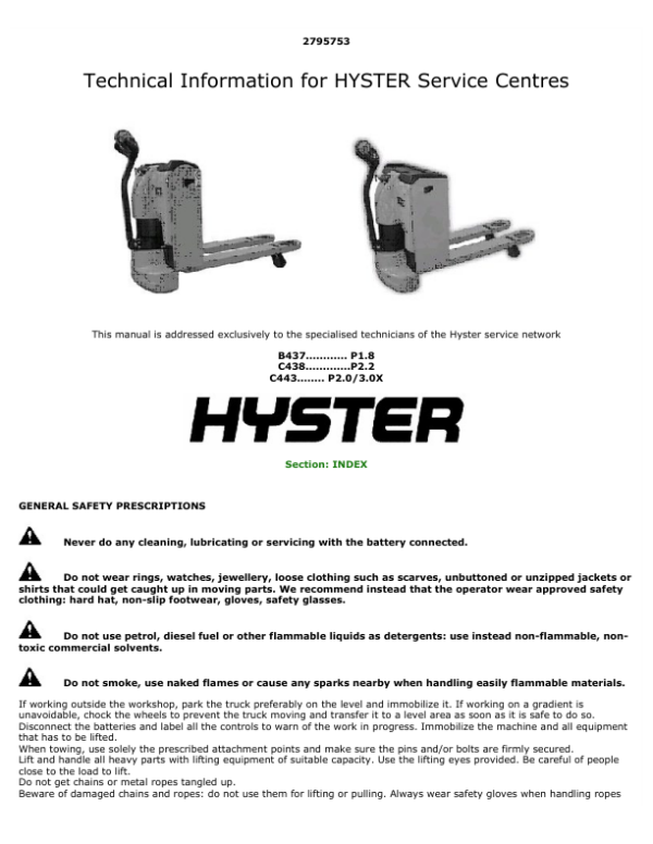 Hyster P2.2 Pallet Truck C438 Series Repair Manual Workshop Guide