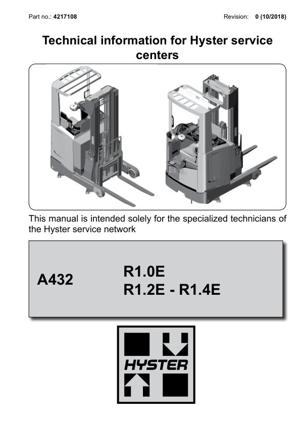 Hyster R1.0E R1.2E R1.4E Reach Truck Forklift A432 Series Repair Manual (EU) Workshop Guide