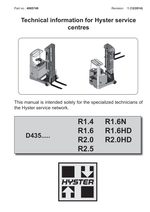 Hyster R1.4, R1.6, R2.0, R2.5, R1.6N, R1.6HD, R2.0HD Reach Truck Forklift D435 Series Repair Manual Workshop Guide