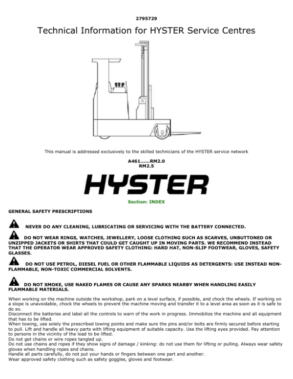 Hyster RM2.0, RM2.5 Electric Four-way Diesel Forklift Truck A461 Series Repair Manual Workshop Guide