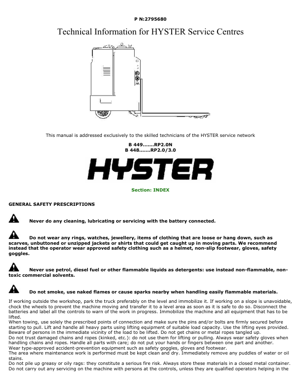 Hyster RP2.0N Rider Pallet Truck B449 Series Repair Manual Workshop Guide