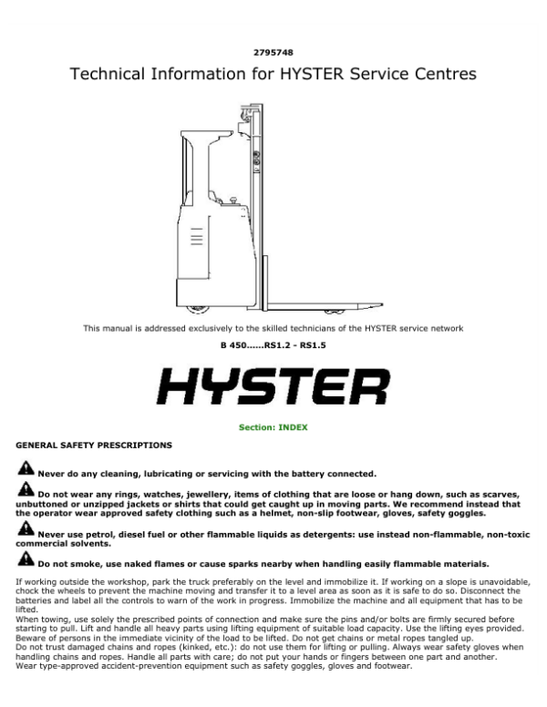 Hyster RS1.2, RS1.5 Electric Seated Rider Stacker B450 Series Repair Manual Workshop Guide