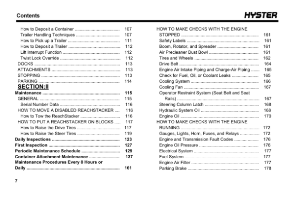 Hyster RS45-27CH , RS45-31CH Reach Stacker A289 Series Operating And Maintenance Manual Workshop Guide