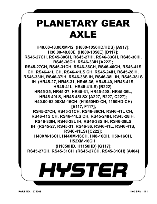 Hyster RS45-27CH, RS45-31CH Reach Stacker A404 Series Repair Manual Workshop Guide