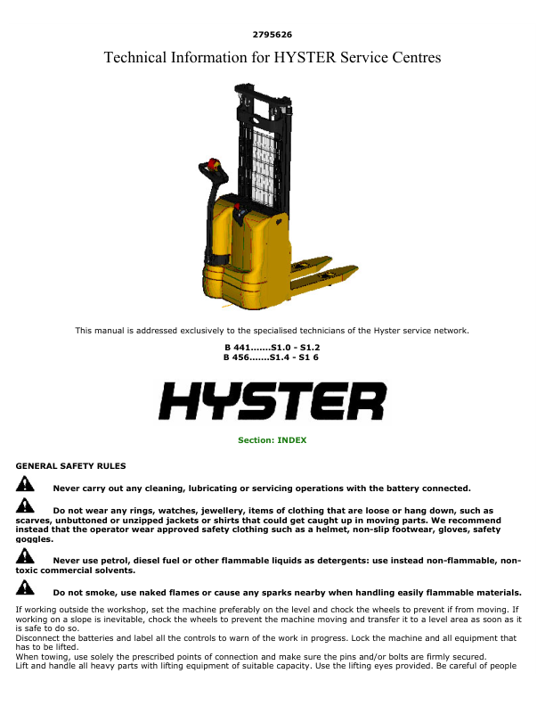Hyster S1.0, S1.2 Electric Pedestrian Stacker B441 Series Repair Manual Workshop Guide