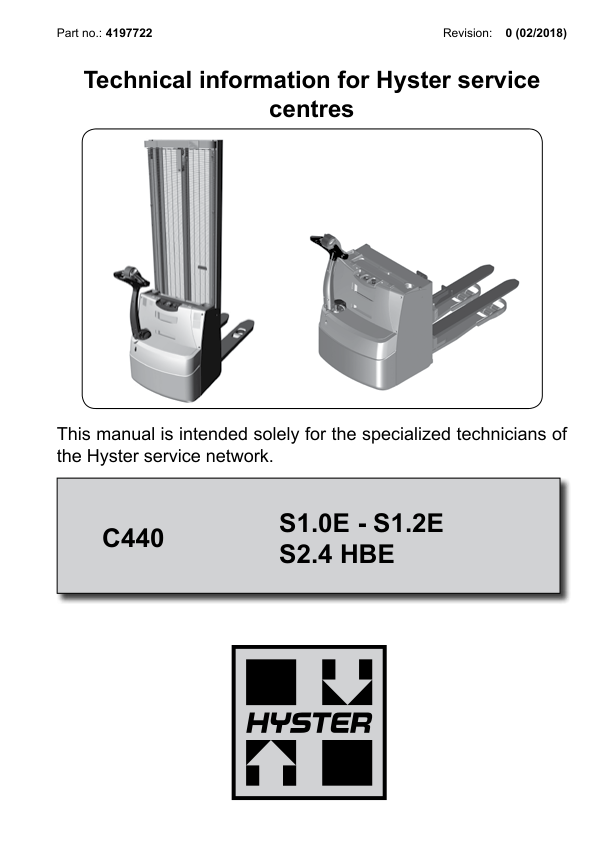 Hyster S1.0E, S1.2E, S2.4 HBE Stacker C440 Series Repair Manual (EU) Workshop Guide