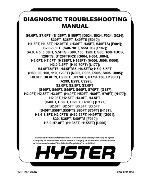 Hyster S40FT, S50FT, S55FTS, S60FT, S70FT Diesel & LPG ForkLift Truck F187 Series Repair Manual (USA) Workshop Guide