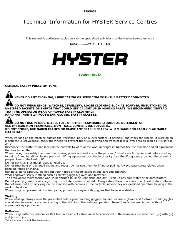 Hyster T1.0, T1.2, T1.5 Electric Forklift Truck A462 Series Repair Manual Workshop Guide