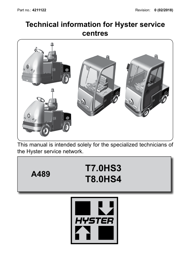 Hyster T7.0HS3 , T8.0HS4 Tow Tractor A489 Series Manual (EU) Workshop Guide