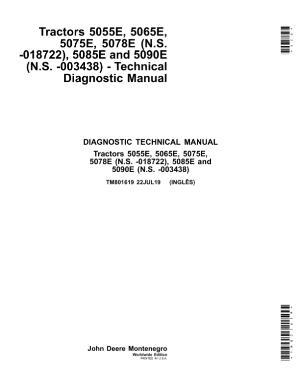John Deere 5055E, 5065E, 5075E, 5078E (-018722), 5085E, 5090E (-003438) Tractors Repair Manual (South America) Workshop Guide