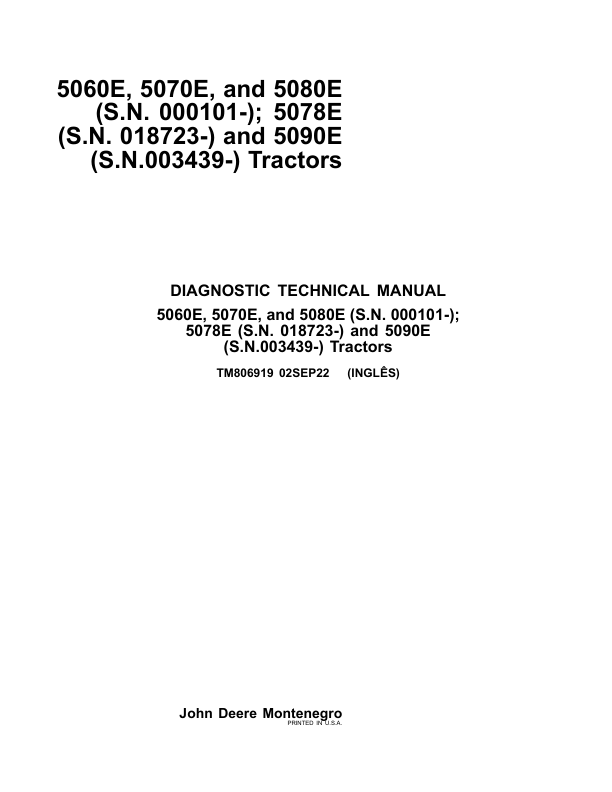 John Deere 5060E, 5070E, 5080E (S.N. 000101-), 5078E (S.N. 018723-), 5090E (S.N. 003439-) Repair Manual (South America) Workshop Guide
