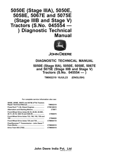 John Deere 5050E (Stage IIIA), 5050E, 5058E, 5067E, 5075E (Stage IIIB, Stage V) Tractors Repair Manual (045554-) Workshop Guide