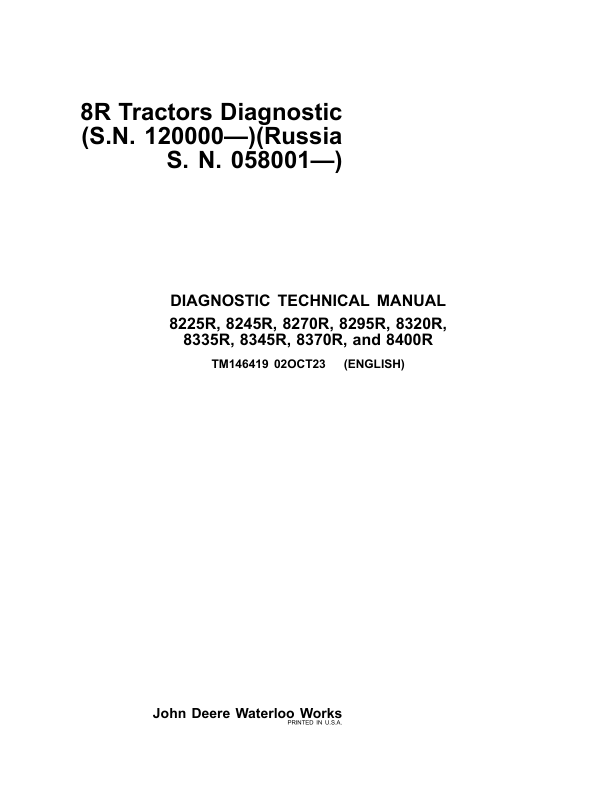 John Deere 8225R, 8245R, 8270R, 8295R, 8320R, 8335R, 8345R, 8370R, 8400R Tractors Repair Manual Workshop Guide