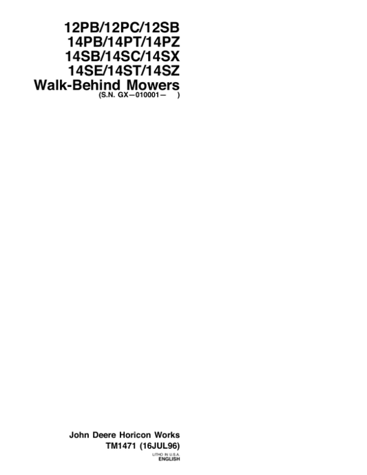 John Deere 12PB, 12PC, 12SB, 14PB, 14PT, 14PZ, 14SB, 14SC, 14SX, 14SE, 14ST, 14SZ Repair Manual Workshop Guide