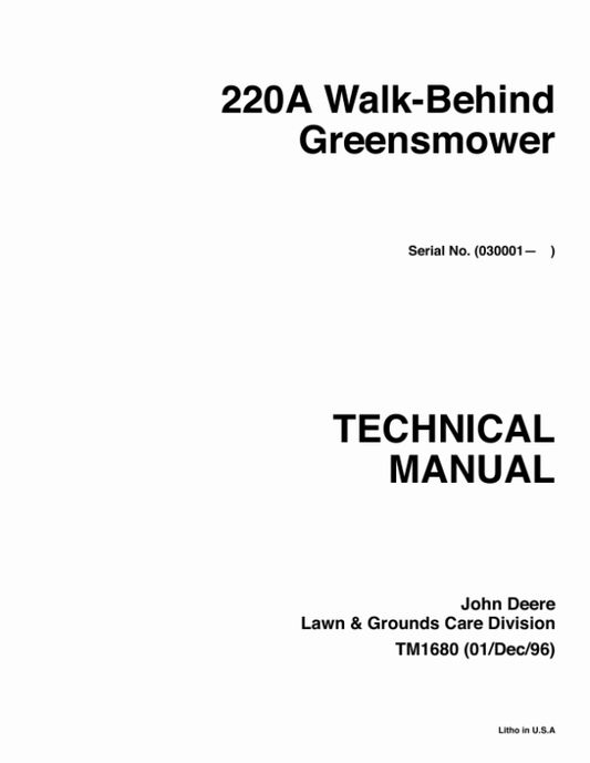 John Deere 220A Greensmower Repair Manual (TM1680) Workshop Guide