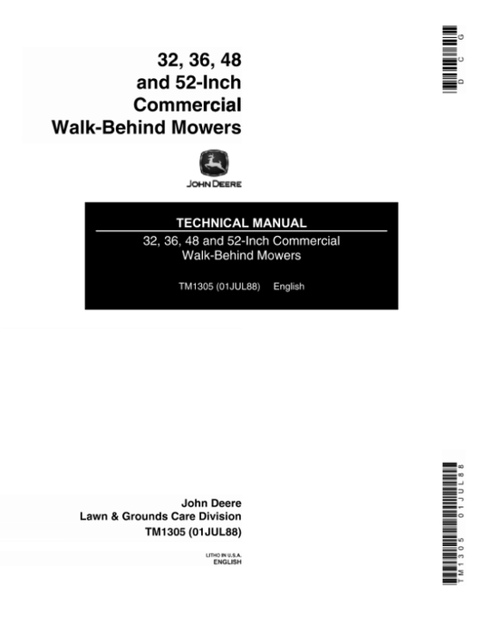 John Deere 32, 36, 48, 52 inch Commercial Walk Behind Mowers Repair Manual (TM1305) Workshop Guide