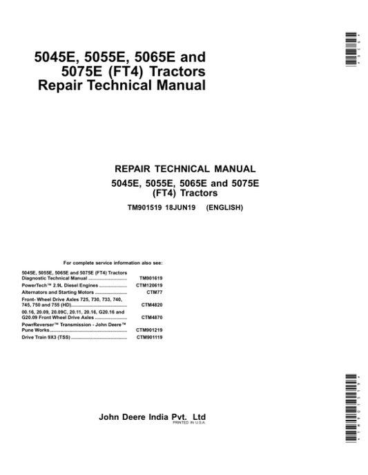 John Deere 5045E, 5055E, 5065E, 5075E (FT4) Tractors Repair Manual (N.A – MY14-MY17) Workshop Guide