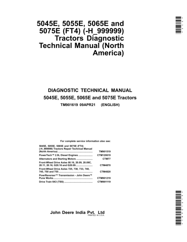 John Deere 5045E, 5055E, 5065E, 5075E (FT4) Tractors Repair Manual (N.A – MY14-MY17) Workshop Guide