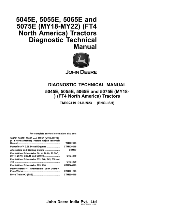 John Deere 5045E, 5055E, 5065E, 5075E Tractors Repair Manual (North America) Workshop Guide