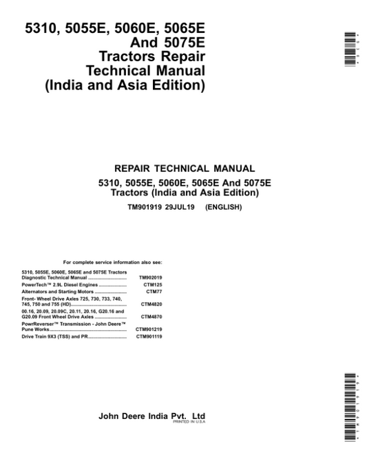 John Deere 5055E, 5060E, 5065E, 5075E Tractors Repair Manual (Asia, India) Workshop Guide
