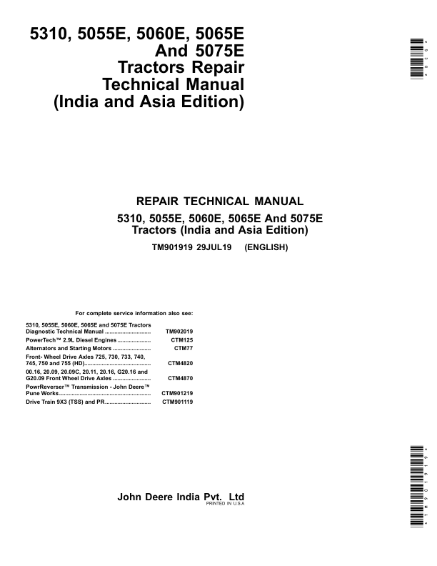 John Deere 5055E, 5060E, 5065E, 5075E Tractors Repair Manual (Asia, India) Workshop Guide