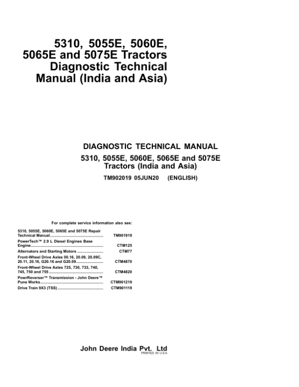 John Deere 5055E, 5060E, 5065E, 5075E Tractors Repair Manual (Asia, India) Workshop Guide