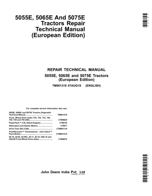 John Deere 5055E, 5065E, 5075E Tractors Repair Manual (Europe – (TM901319 and TM901419) Workshop Guide