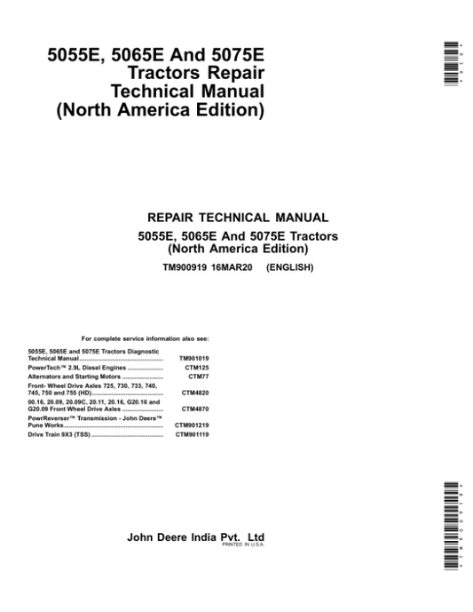 John Deere 5055E, 5065E, 5075E Tractors Repair Manual (North America, Start – MY2013) Workshop Guide