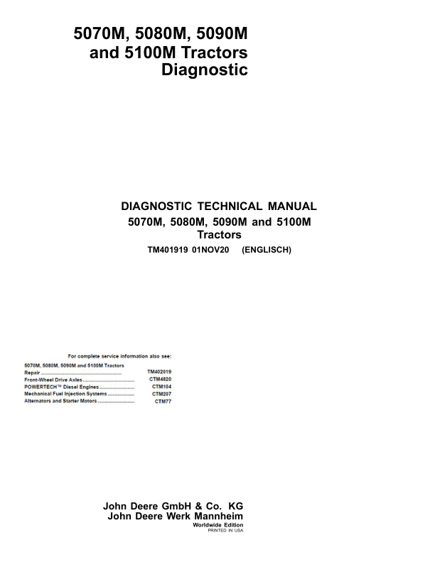 John Deere 5070M, 5080M, 5090M, 5100M Tractors Repair Technical Manual (EU) Workshop Guide