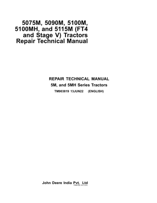 John Deere 5075M, 5090M, 5100M, 5100MH, 5115M (FT4 and Stage V) Tractors Repair Manual (EU) Workshop Guide