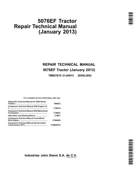 John Deere 5076EF Tractor Diagnostic Repair Manual (TM607619 and TM609719) Workshop Guide