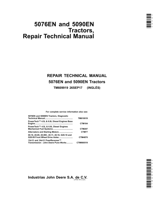John Deere 5076EN, 5090EN Tractors Service Repair Manual Workshop Guide