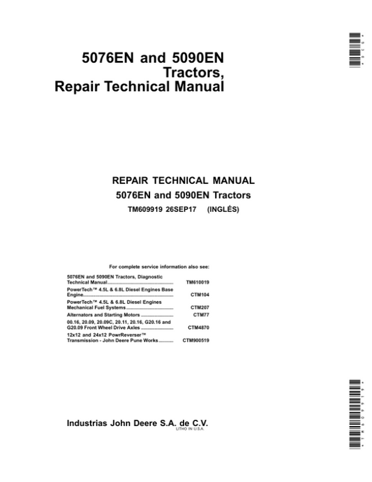 John Deere 5076EN, 5090EN Tractors Service Repair Manual Workshop Guide
