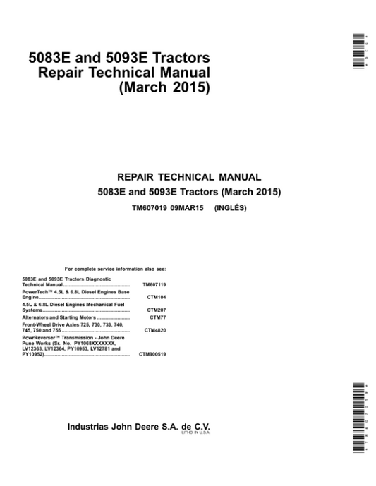 John Deere 5083E, 5093E Tractors Service Repair Manual (Turkey only) Workshop Guide