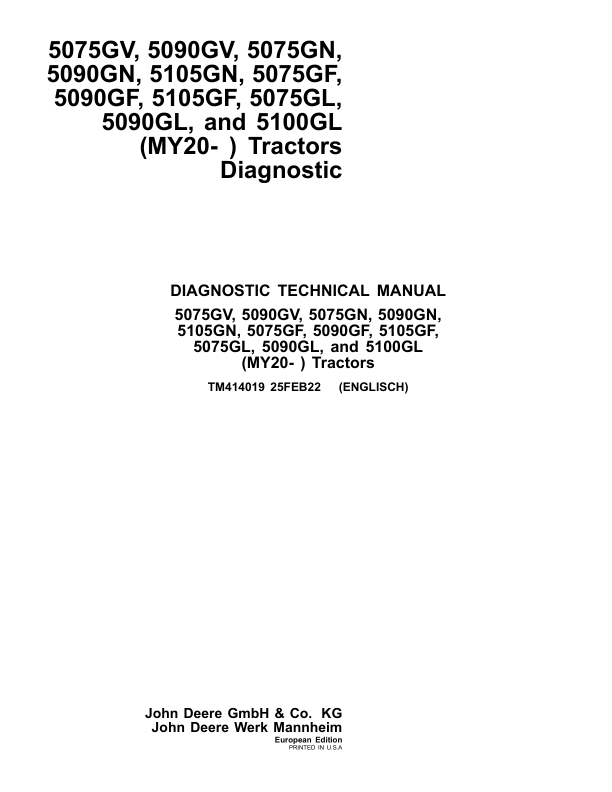John Deere 5090GV, 5090GN, 5090GF, 5090GL Tractors Repair Manual (EU, MY17 -) Workshop Guide