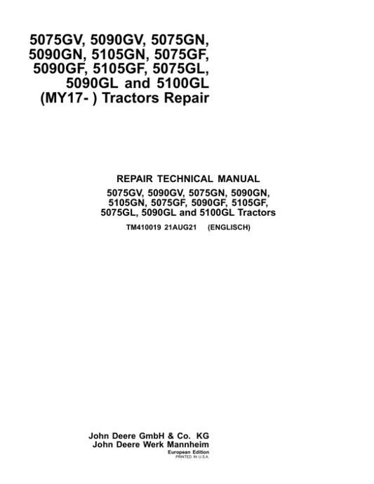 John Deere 5090GV, 5090GN, 5090GF, 5090GL Tractors Repair Manual (MY17-19, F5D-IT4 Engine) Workshop Guide