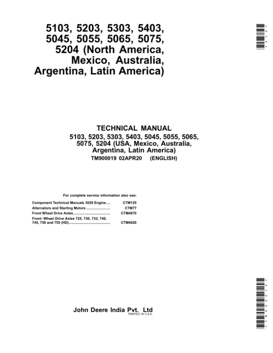 John Deere 5103, 5203, 5204, 5303, 5403, 5503 Tractors Repair Manual Workshop Guide