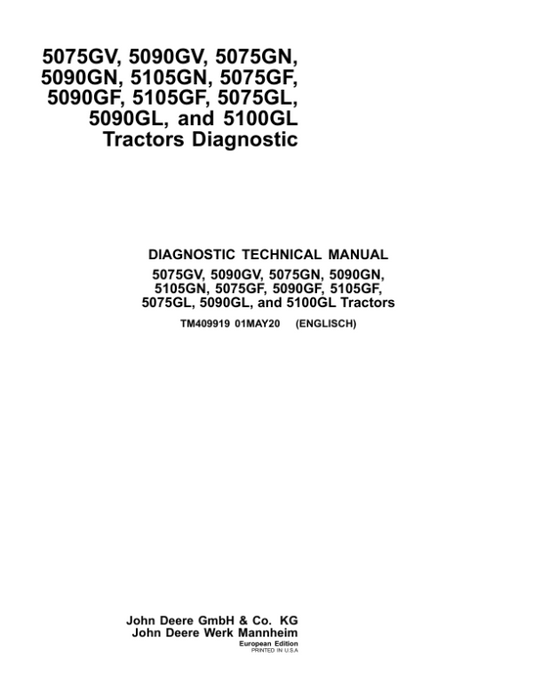 John Deere 5105GN, 5105GF, 5100GL Tractors Repair Manual (MY17-19, F5D-IT4 Engine) Workshop Guide