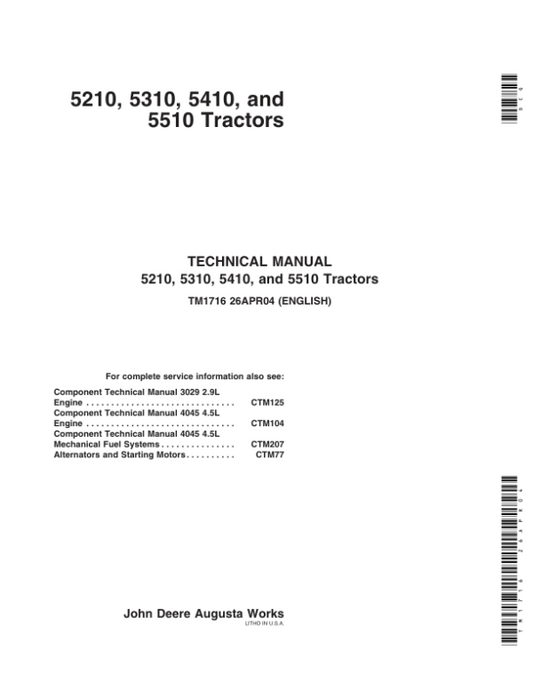 John Deere 5210, 5310, 5410, 5510 Tractors Service Repair Manual (TM1716) Workshop Guide