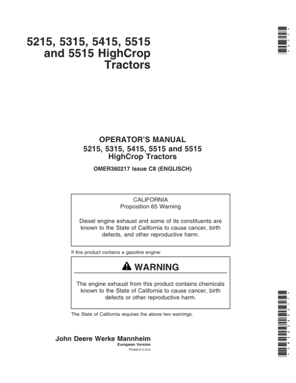 John Deere 5215, 5315, 5415, 5515, 5515 High Crop Tractors Repair Manual (Europe – (TM4856) Workshop Guide