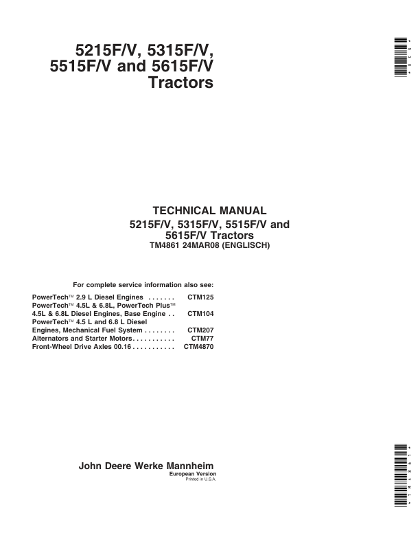John Deere 5215F, 5215V, 5315F, 5315V, 5515F, 5515V, 5615F, 5615V Tractors Repair Manual Workshop Guide