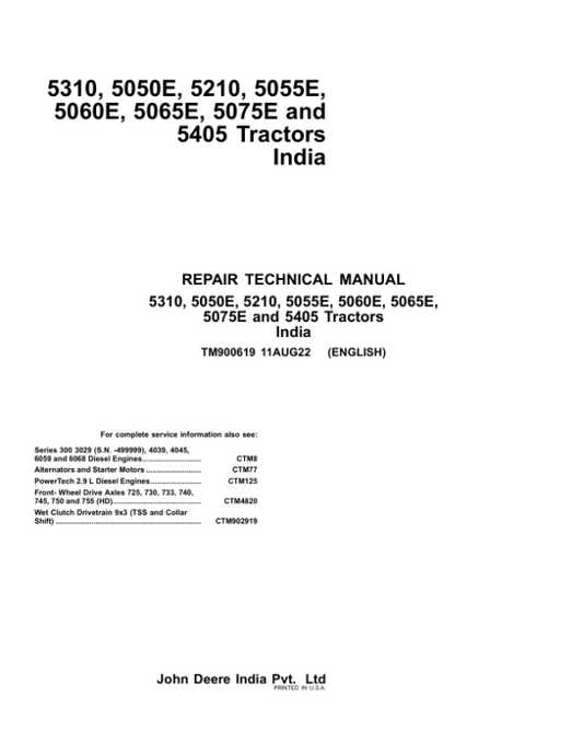 John Deere 5310, 5050E, 5210, 5055E, 5060E, 5065E, 5075E, 5405 Tractors Repair Manual (India) Workshop Guide