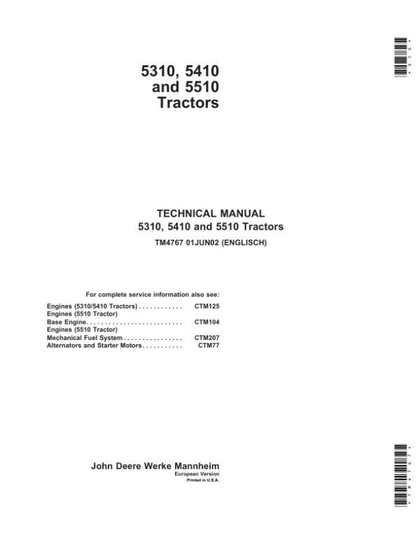 John Deere 5310, 5410, 5510 Tractors Service Repair Manual (Europe – (TM4767) Workshop Guide