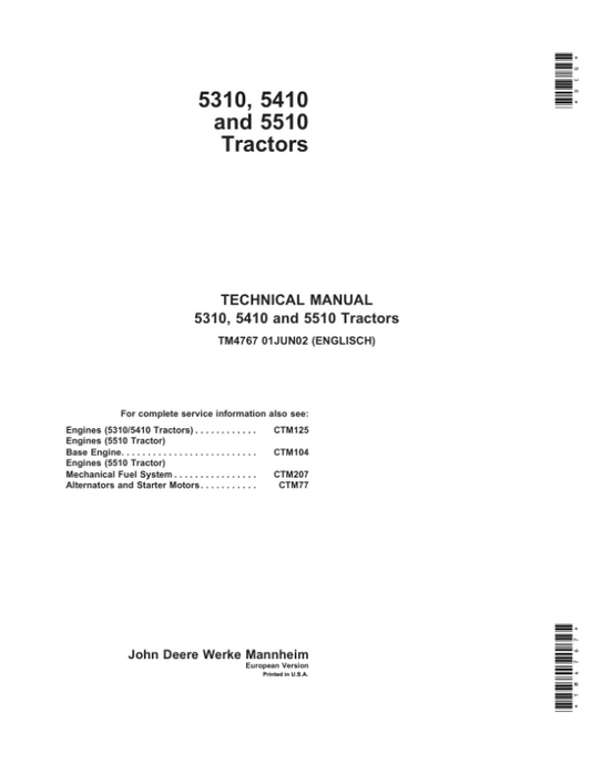 John Deere 5310, 5410, 5510 Tractors Service Repair Manual (Europe – (TM4767) Workshop Guide
