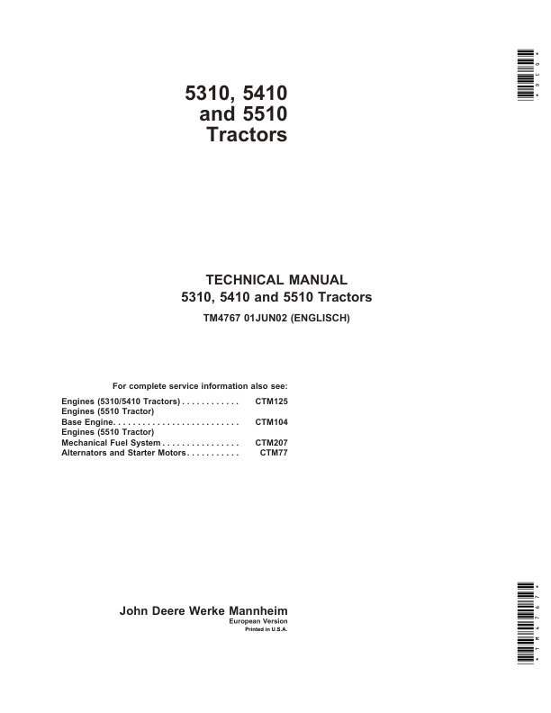 John Deere 5310, 5410, 5510 Tractors Service Repair Manual (Europe – (TM4767) Workshop Guide