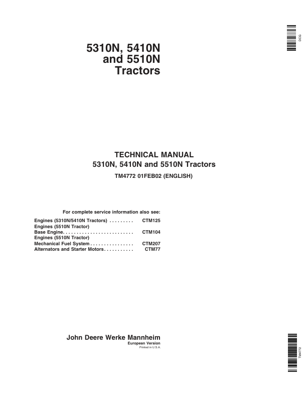John Deere 5310N, 5410N, 5510N Tractors Service Repair Manual Workshop Guide