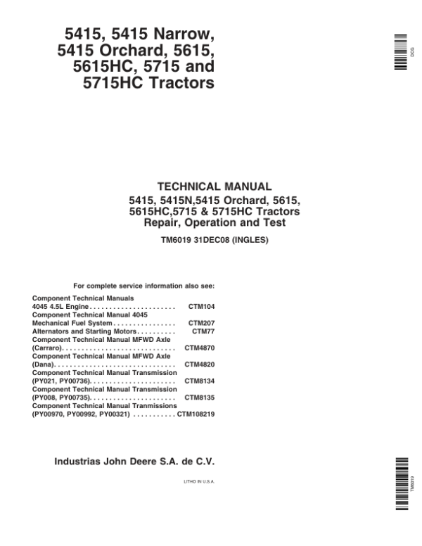 John Deere 5415, 5415 Narrow, 5415 Orchard, 5615, 5615HC, 5715, 5715HC Tractors Repair Manual Workshop Guide