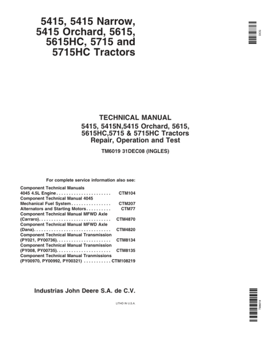 John Deere 5415, 5415 Narrow, 5415 Orchard, 5615, 5615HC, 5715, 5715HC Tractors Repair Manual Workshop Guide