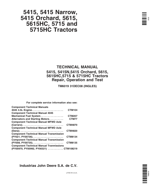John Deere 5415, 5415 Narrow, 5415 Orchard, 5615, 5615HC, 5715, 5715HC Tractors Repair Manual Workshop Guide